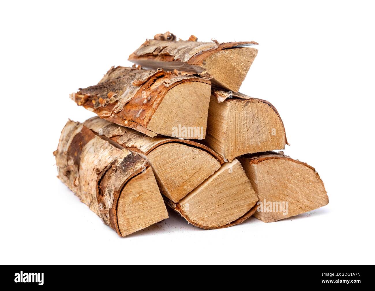 heap of birch firewood logs isolated on white background Stock Photo