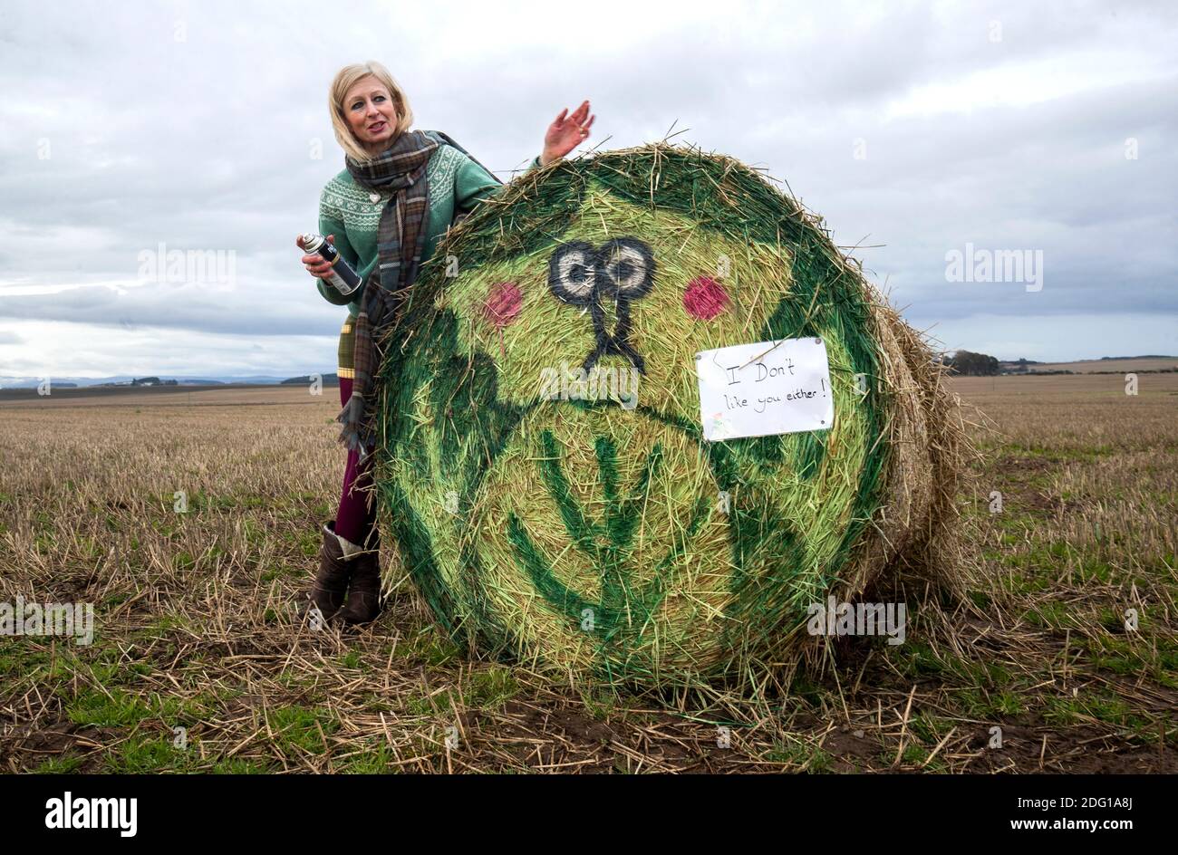 Farmer and artist Fleur Baxter with the Christmas character artworks she  has created using hay bales on her farm in Carmyllie, Angus. Fleur, who has  been nicknamed 'Balesy' by locals, allows members
