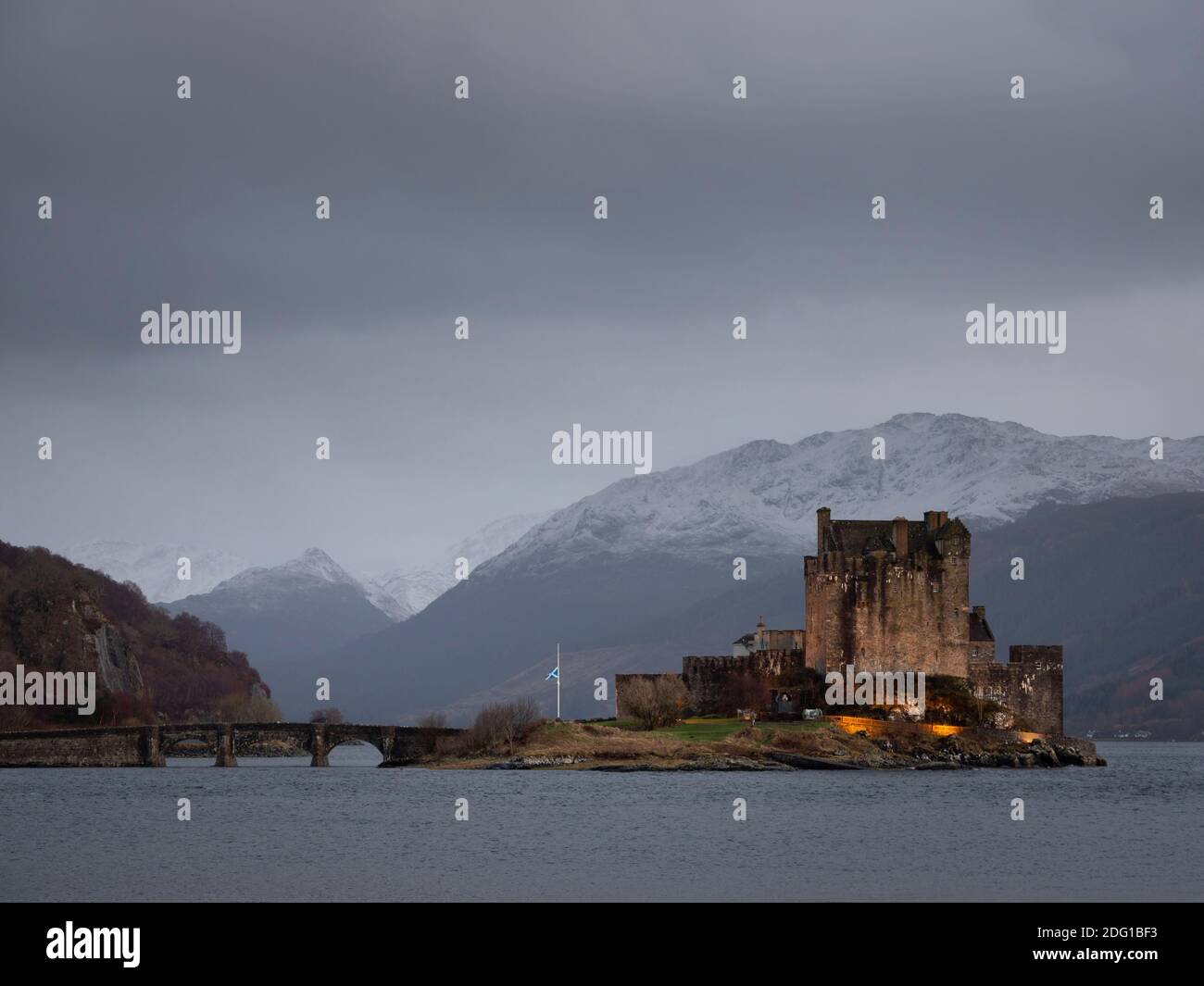 Eilean Donan castle at dusk in winter. Dornie, Highland, Scotland Stock Photo