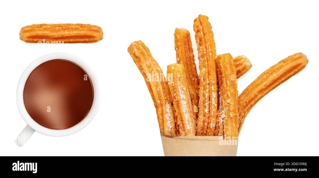 Churro isolated on white background. Traditional spanish food. Various Churro pastry  with chocolate sauce Top view. Flat lay Stock Photo