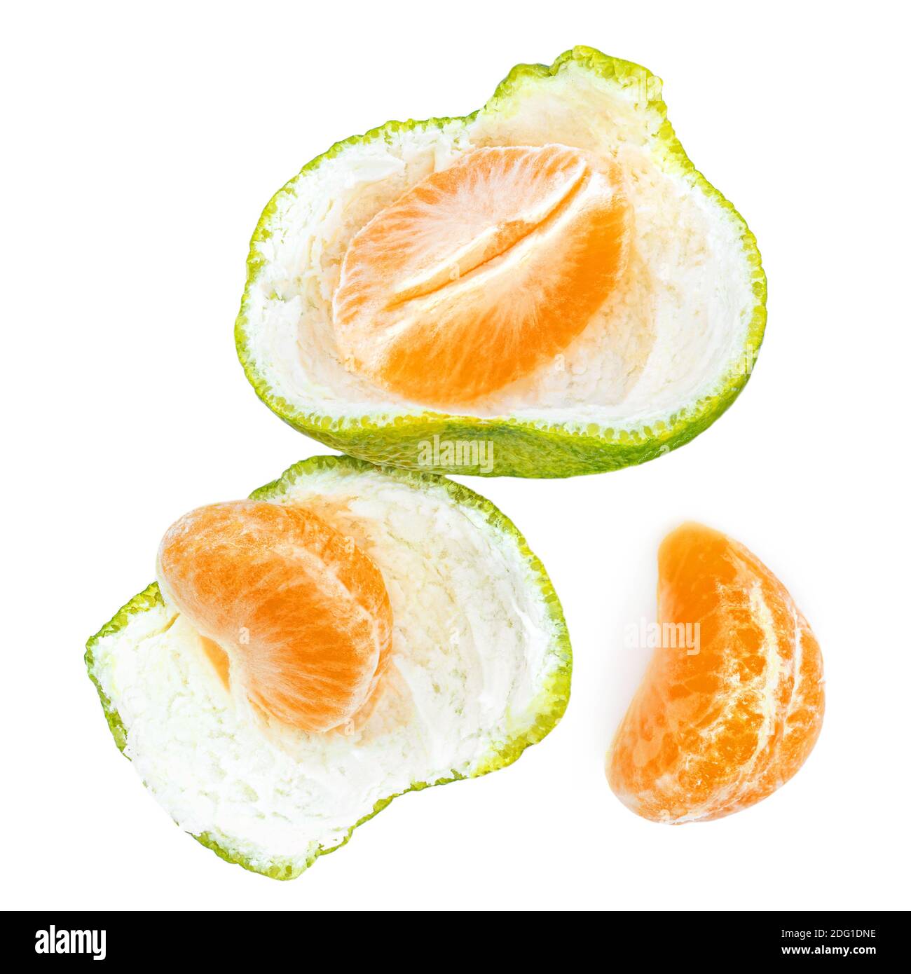 Peeled Mandarine fruit pieces   (clementine, tangerin) slices  isolated on white background. Top view. Flat lay Stock Photo