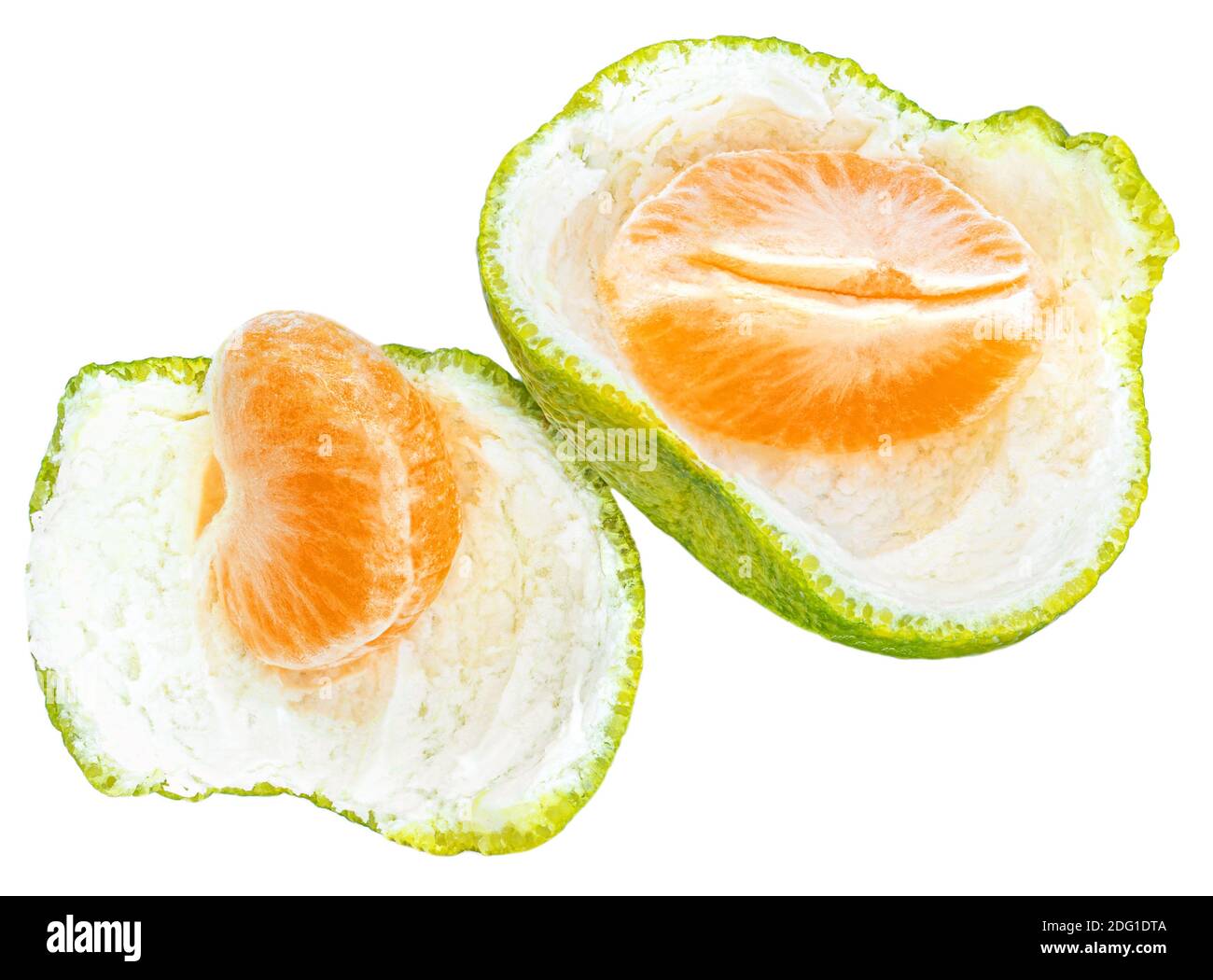 Peeled Mandarine fruit pieces   (clementine, tangerin) slices  isolated on white background. Top view. Flat lay Stock Photo