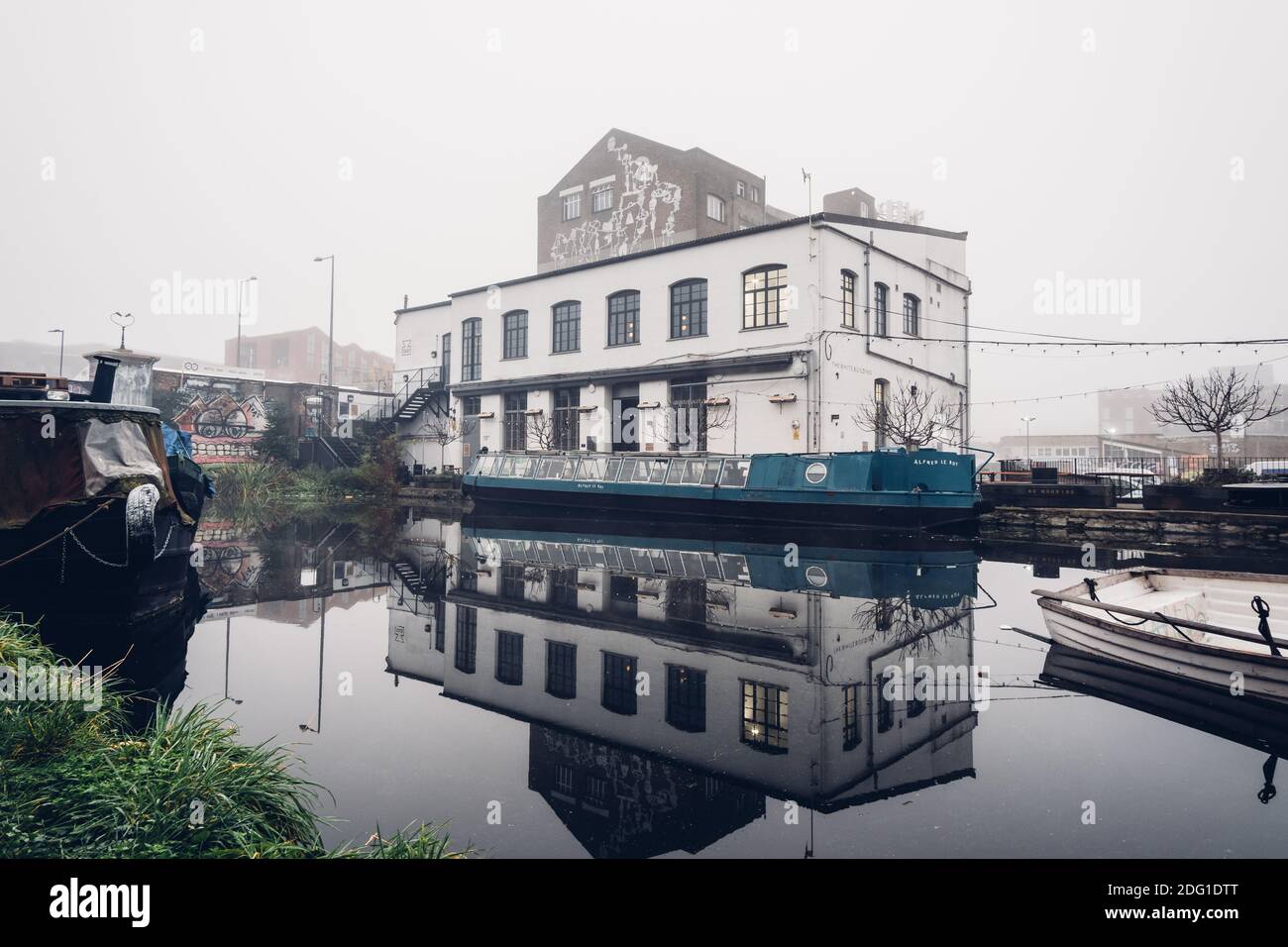 London, UK- December 2020 :The White Building bar, River Lea, Hackney Wick Stock Photo