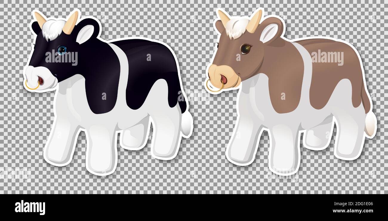 Spotted black and white alpine cows on a piece of land with a lawn, green grass. In realistic style, Isolated on white background. Stock Vector