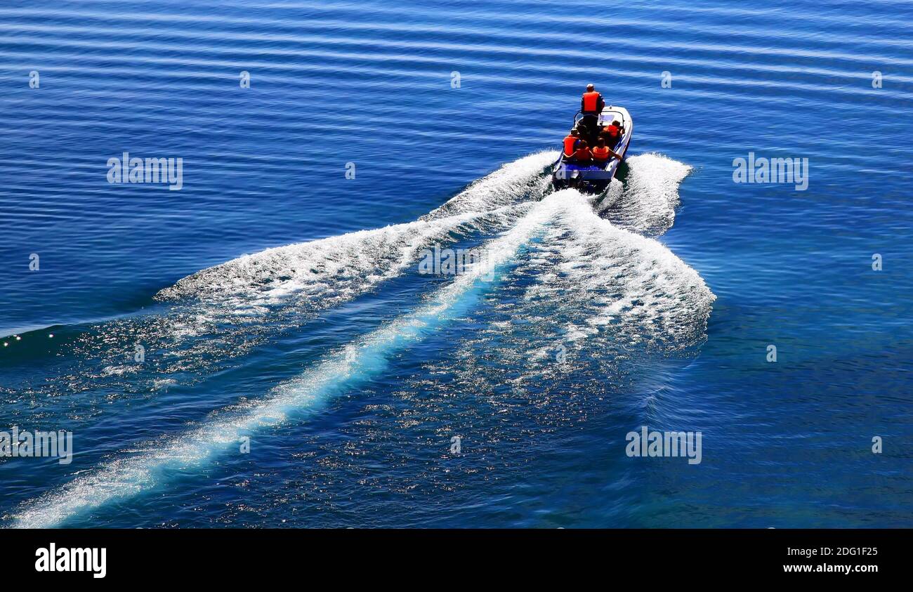 Motor boat. Baikal Lake. Rear view. Day Stock Photo - Alamy