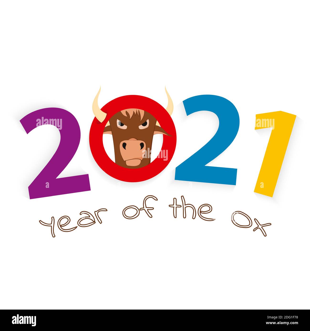 2021 year of the Ox, number 2021 with head of a Ox. Vector illustration ...