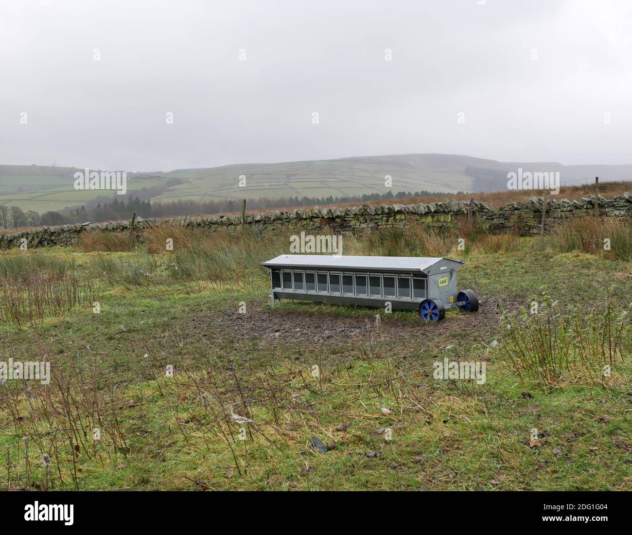 Long low silver coloured metal farm animal feeder with roof with square feed holes blue wheels stood in moorland field by stone wall on wet misty day Stock Photo