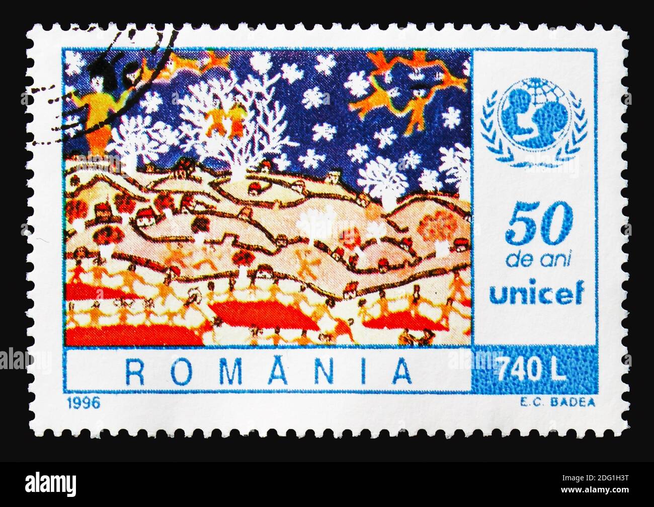 MOSCOW, RUSSIA - AUGUST 18, 2018: A stamp printed in Romania shows Children's Drawings, UNICEF and Habitat II serie, circa 1996 Stock Photo