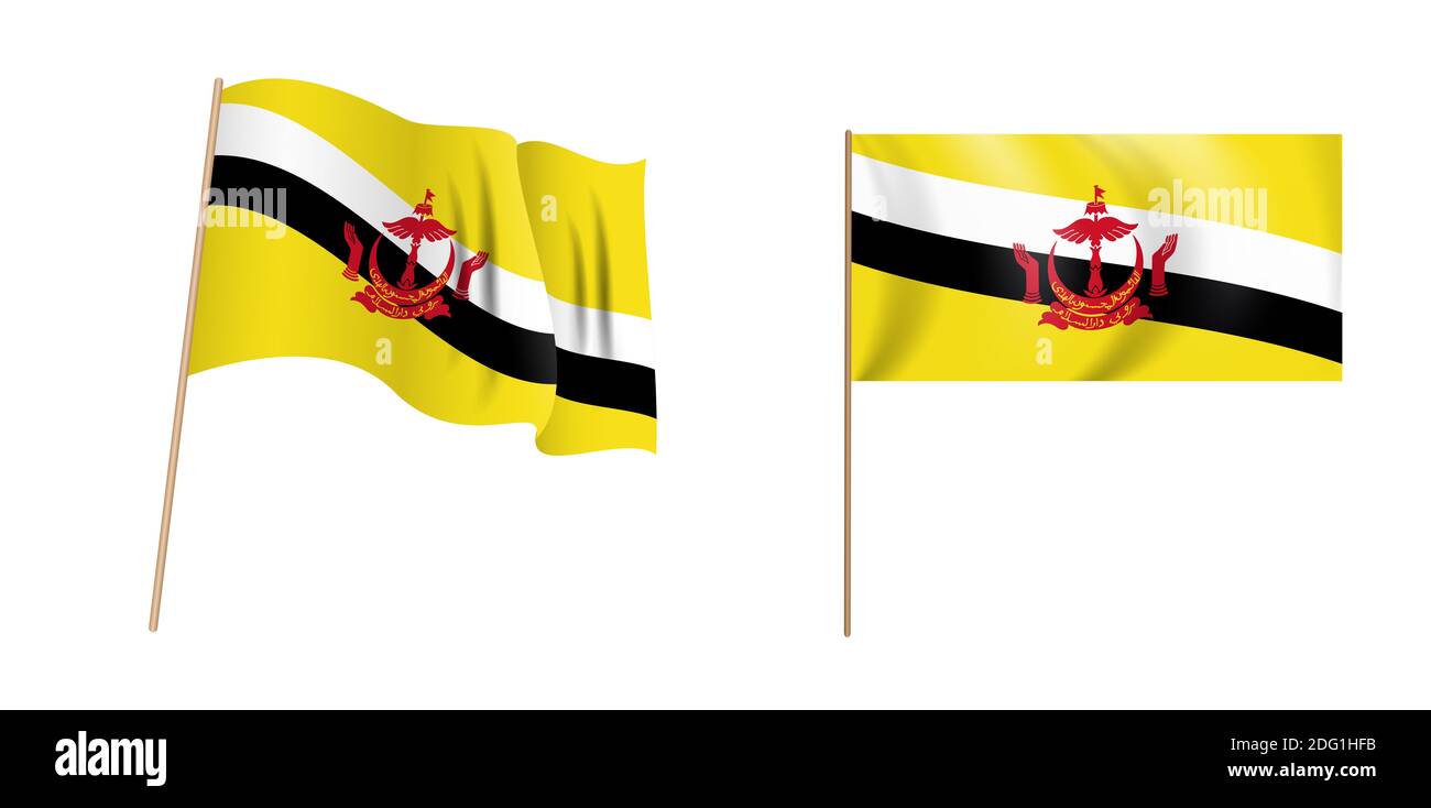 Colorful naturalistic waving flag of Nation of Brunei, the Abode of Peace. Illustration. Stock Photo