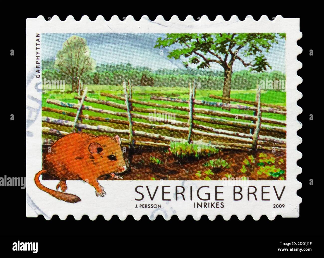 MOSCOW, RUSSIA - AUGUST 18, 2018: A stamp printed in Sweden shows Common Dormouse (Muscardinus avellanarius), Garphyttan NP, National Parksserie, circ Stock Photo