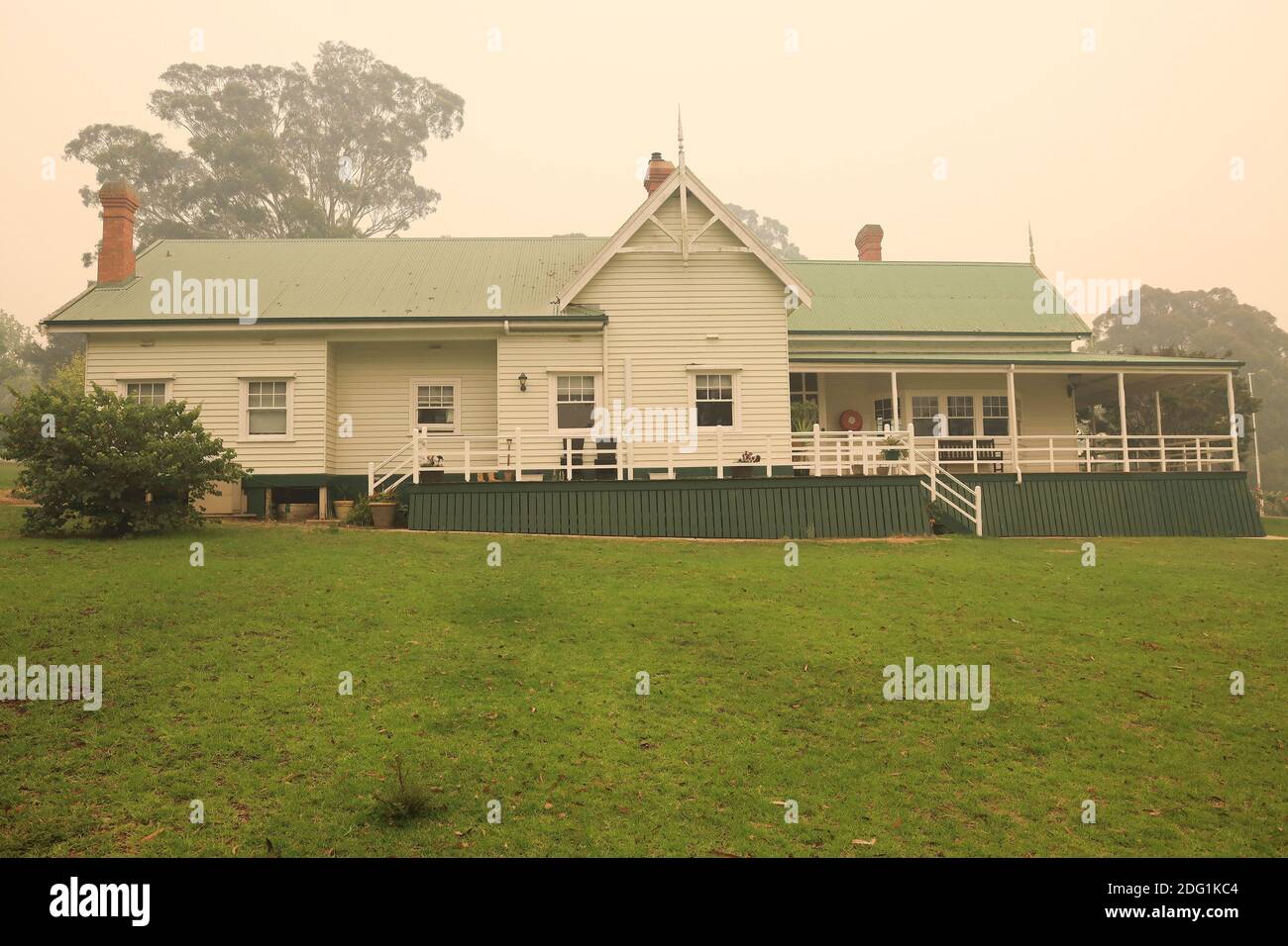 Nyerimilang Homestead shrouded in smoke during the bushfires in East Gippsland, Victoria, Australia. Stock Photo
