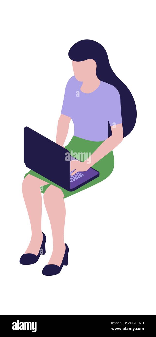 Businesswoman sitting with laptop, rear view, cartoon vector ...