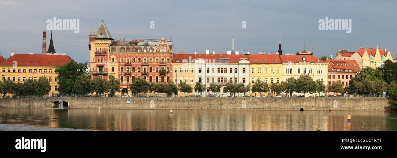 Panoramic view along the Vtlava river in Prague Stock Photo