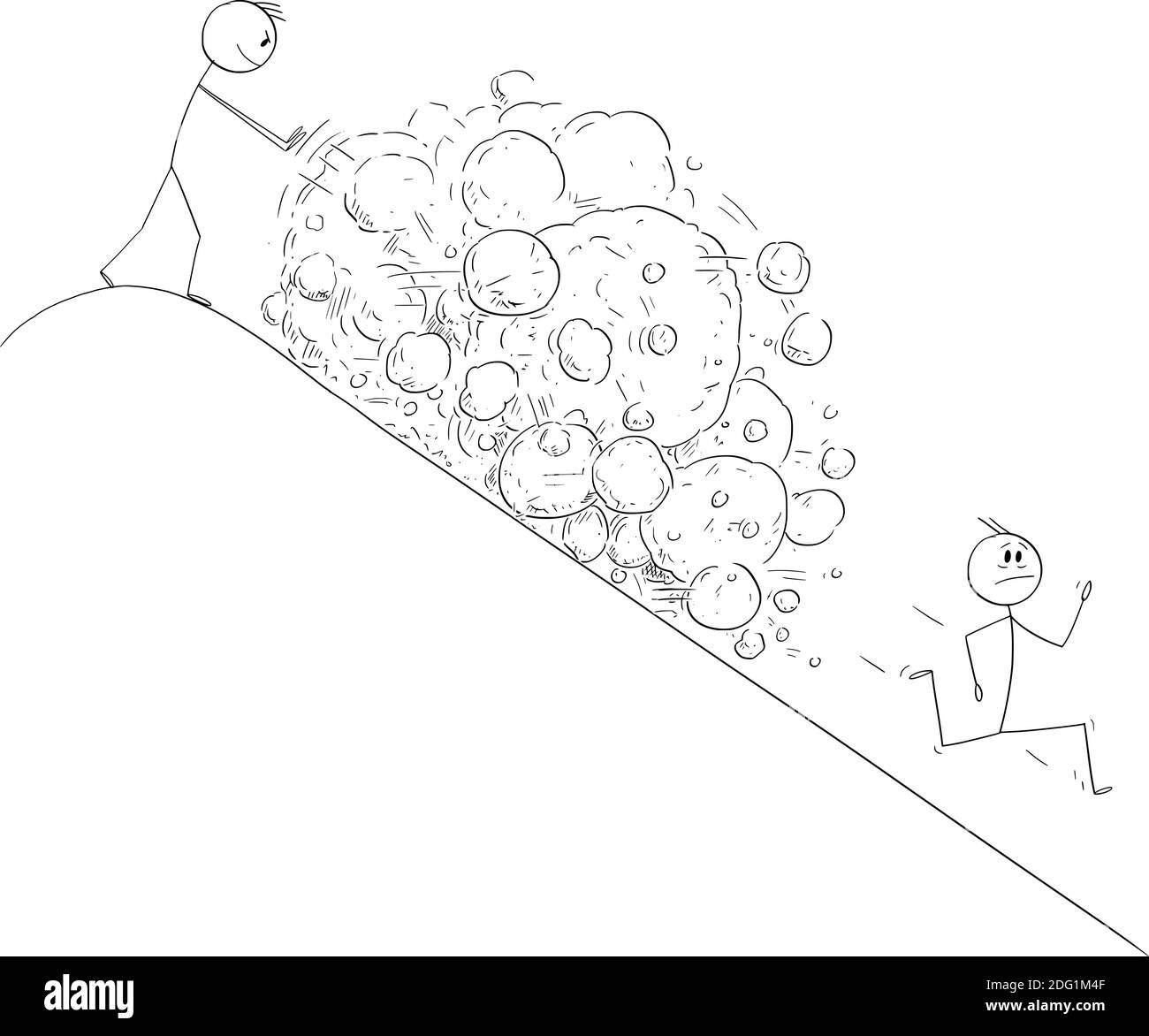 Vector cartoon stick figure illustration of man on top of hill creating avalanche of rocks falling on running competitor or enemy. Stock Vector