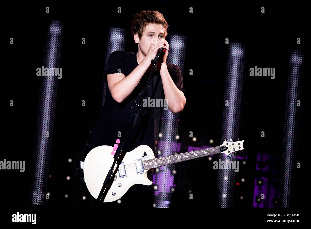 Luke Hemmings, of the Australian pop-rock band 5 Seconds Of Summer, performing live for the “Rock Out with Your Socks Out Tour” at the Pala Alpitour in Torino, Italy Stock Photo