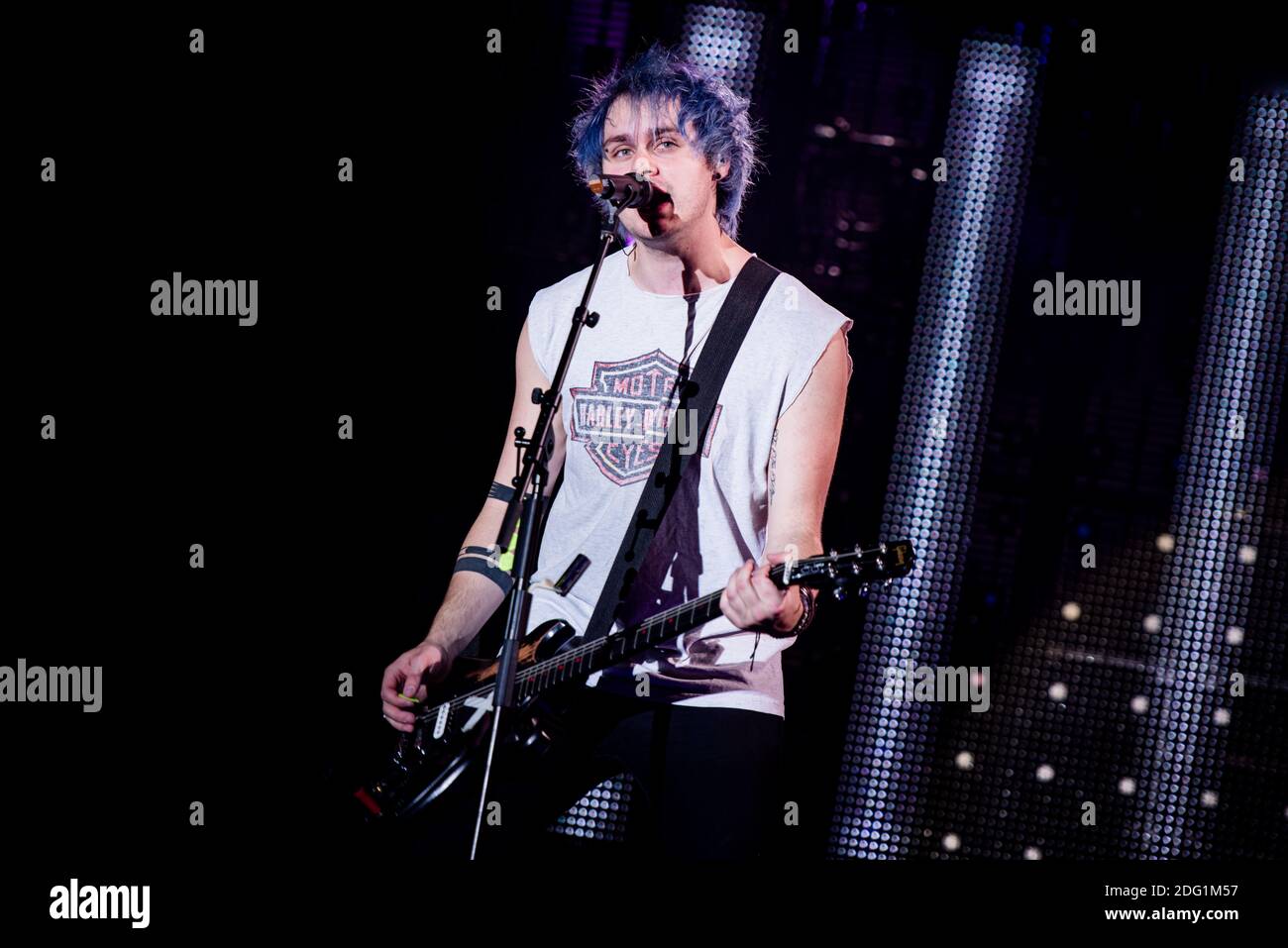Michael Clifford, of the Australian pop-rock band 5 Seconds Of Summer, performing live for the “Rock Out with Your Socks Out Tour” at the Pala Alpitour in Torino, Italy Stock Photo