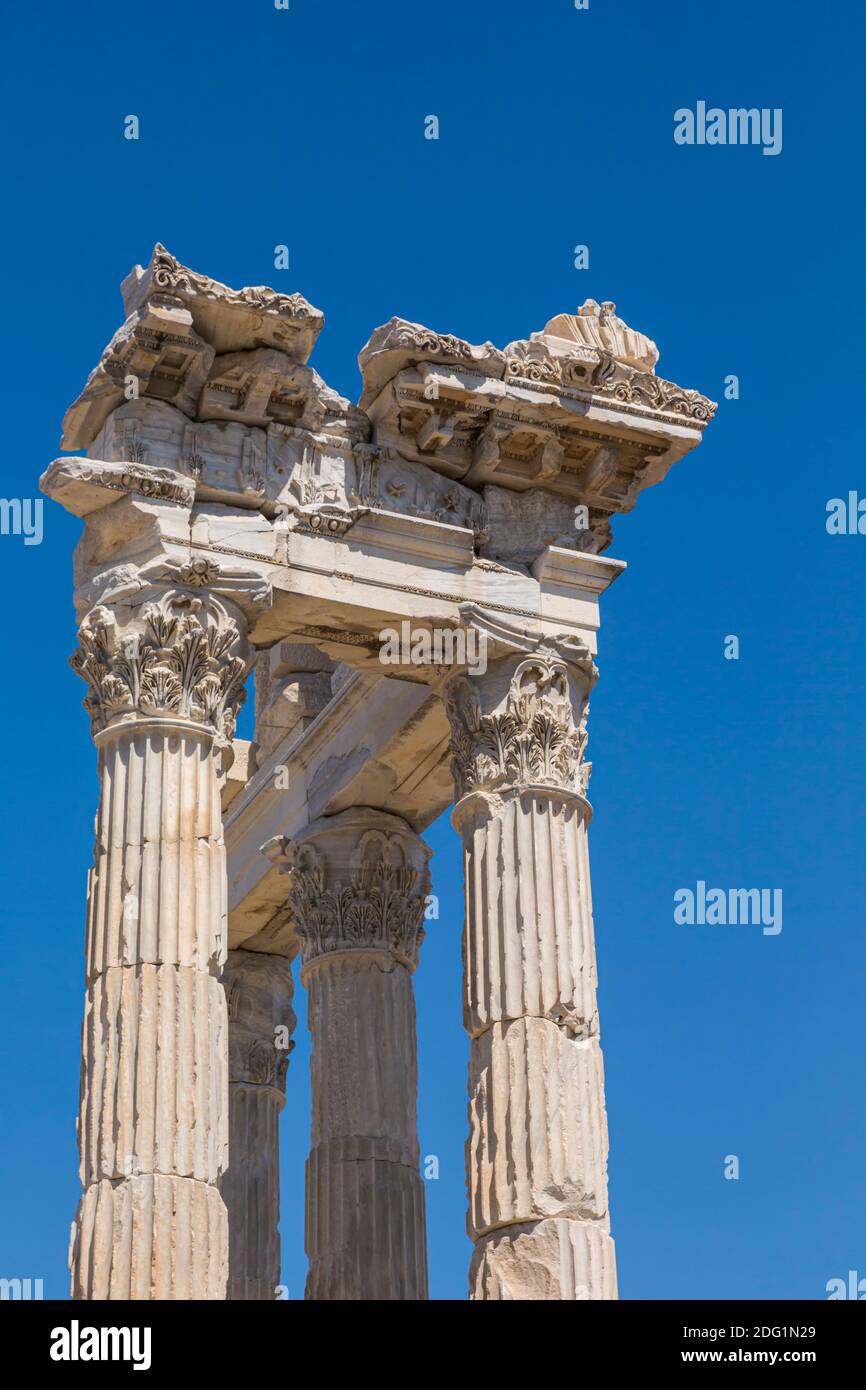 Ruins of ancient Pergamum above Bergama, Izmir Province, Turkey. Corinthian columns of the Temple of Trajan, completed in the 2nd century AD. The ruin Stock Photo