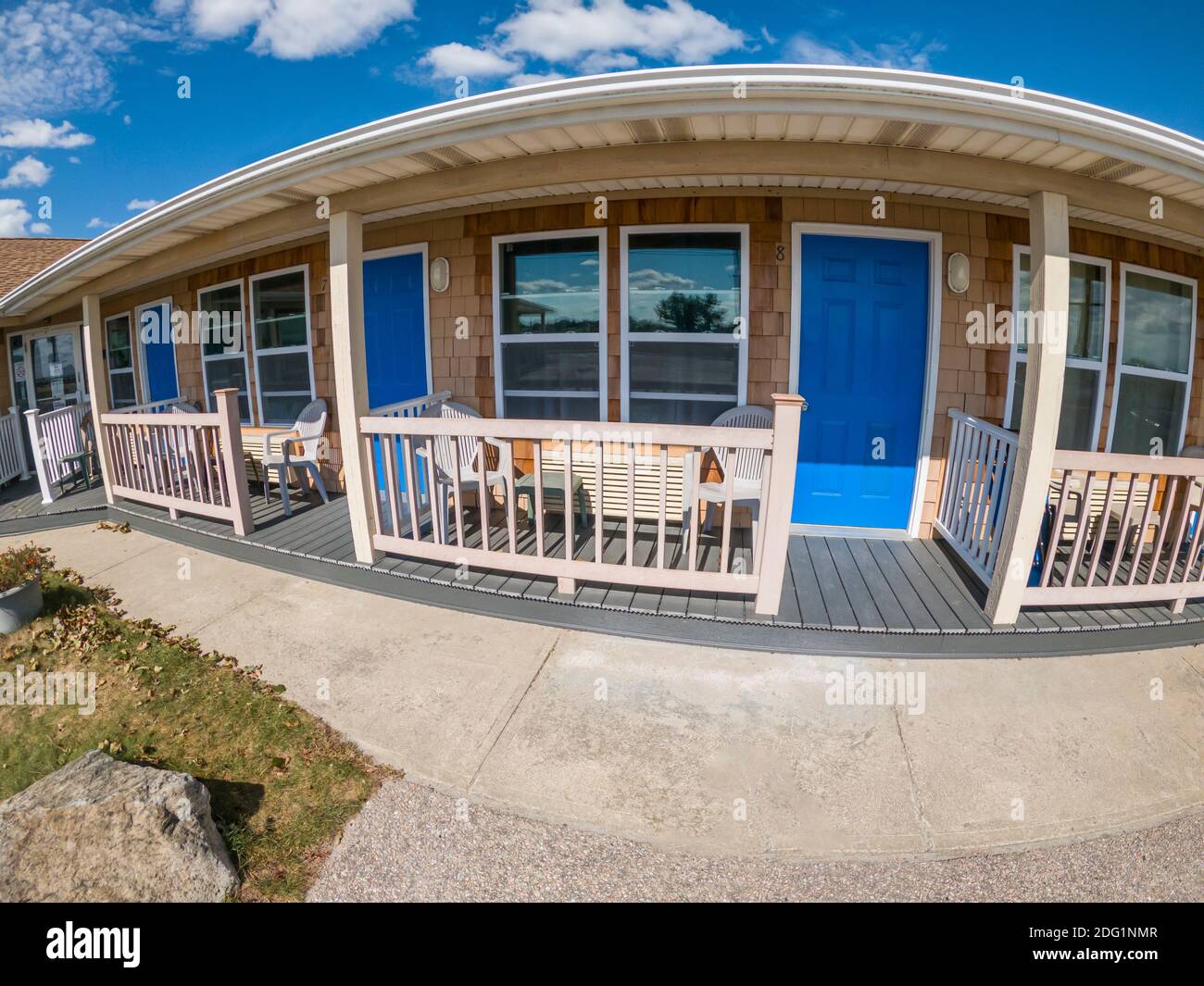Wide angle distortion view of seaside motel, Narragansett, Rhode Island USA Stock Photo