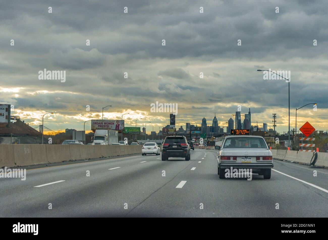 I95 Interstate Highway In To Philadelphia With Skyline on cloudy day