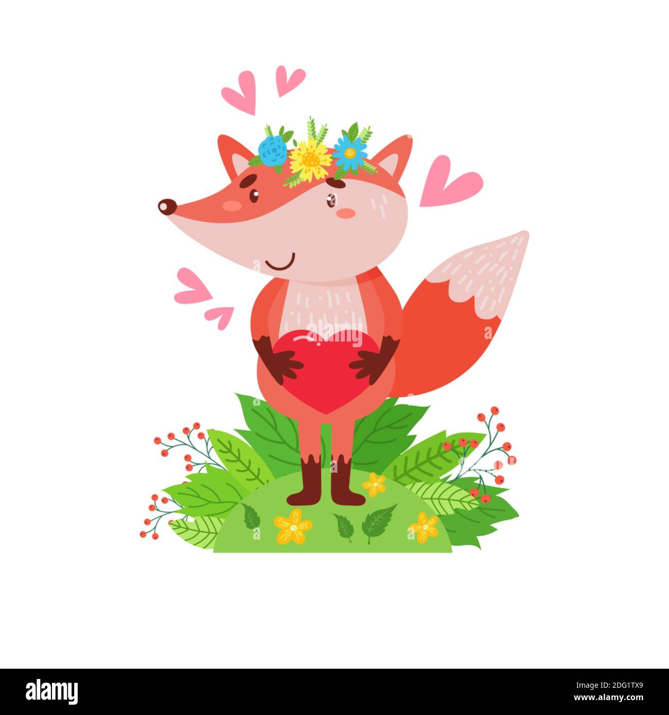 Cute fox in a wreath of flowers stands on a green lawn. Simple ...