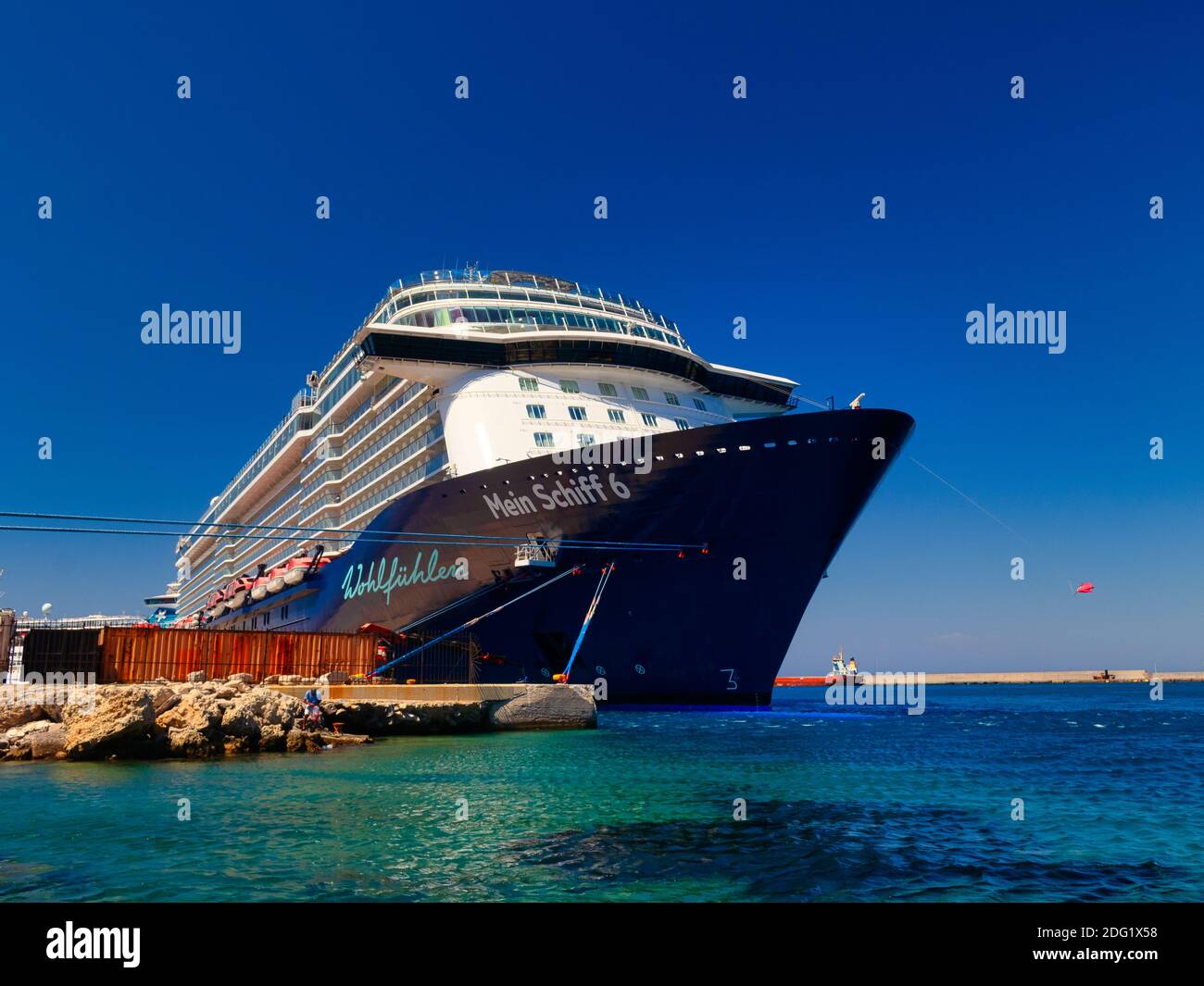 Rhodes, Greece - July 3, 2020 - The ship 'Mein Schiff 6' of the German shipping company 'TUI' in the port of Rhodes Stock Photo