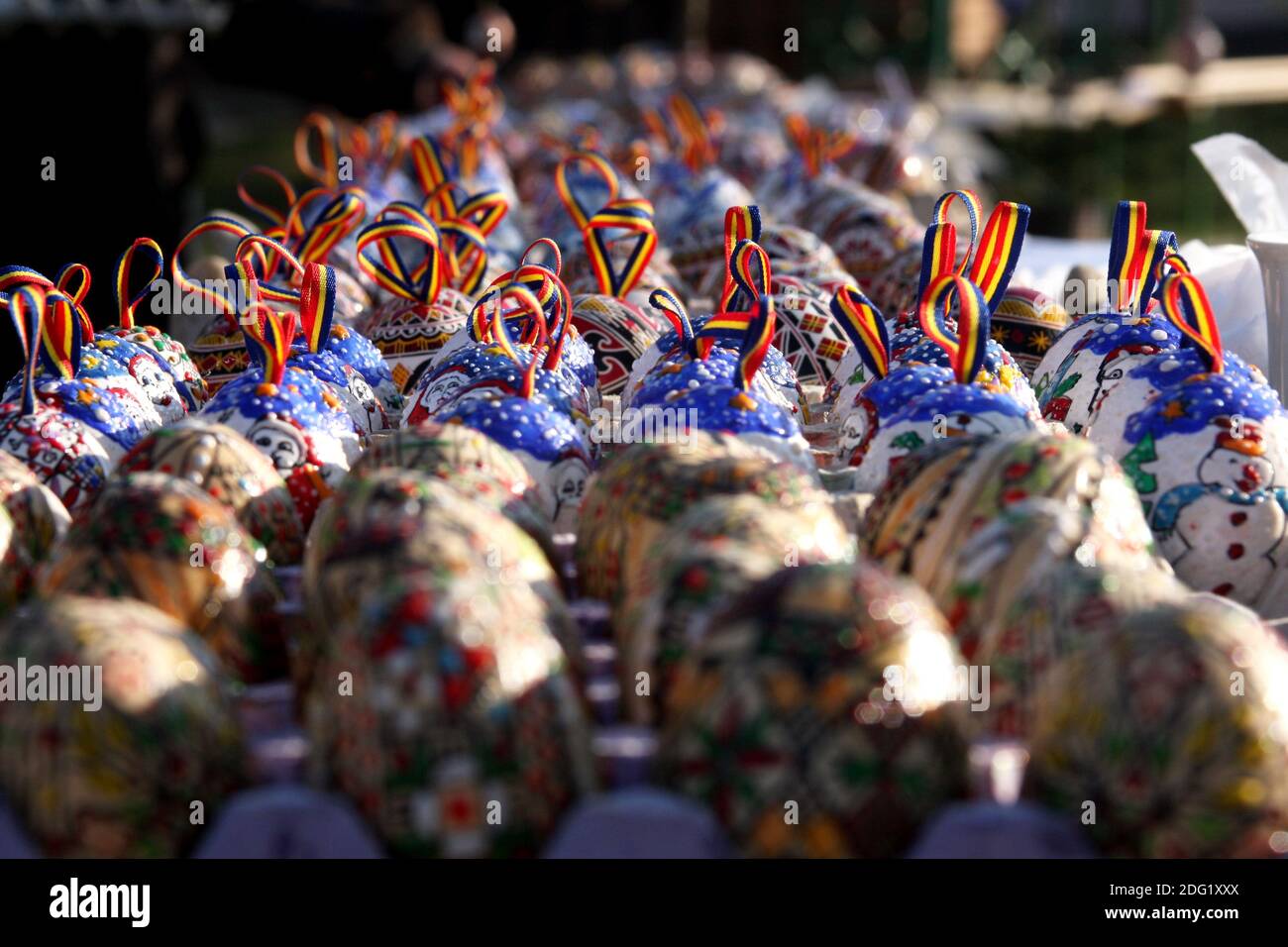 Traditionally ornate Easter eggs in Romania, using the encaustic (wax embossing) technique Stock Photo