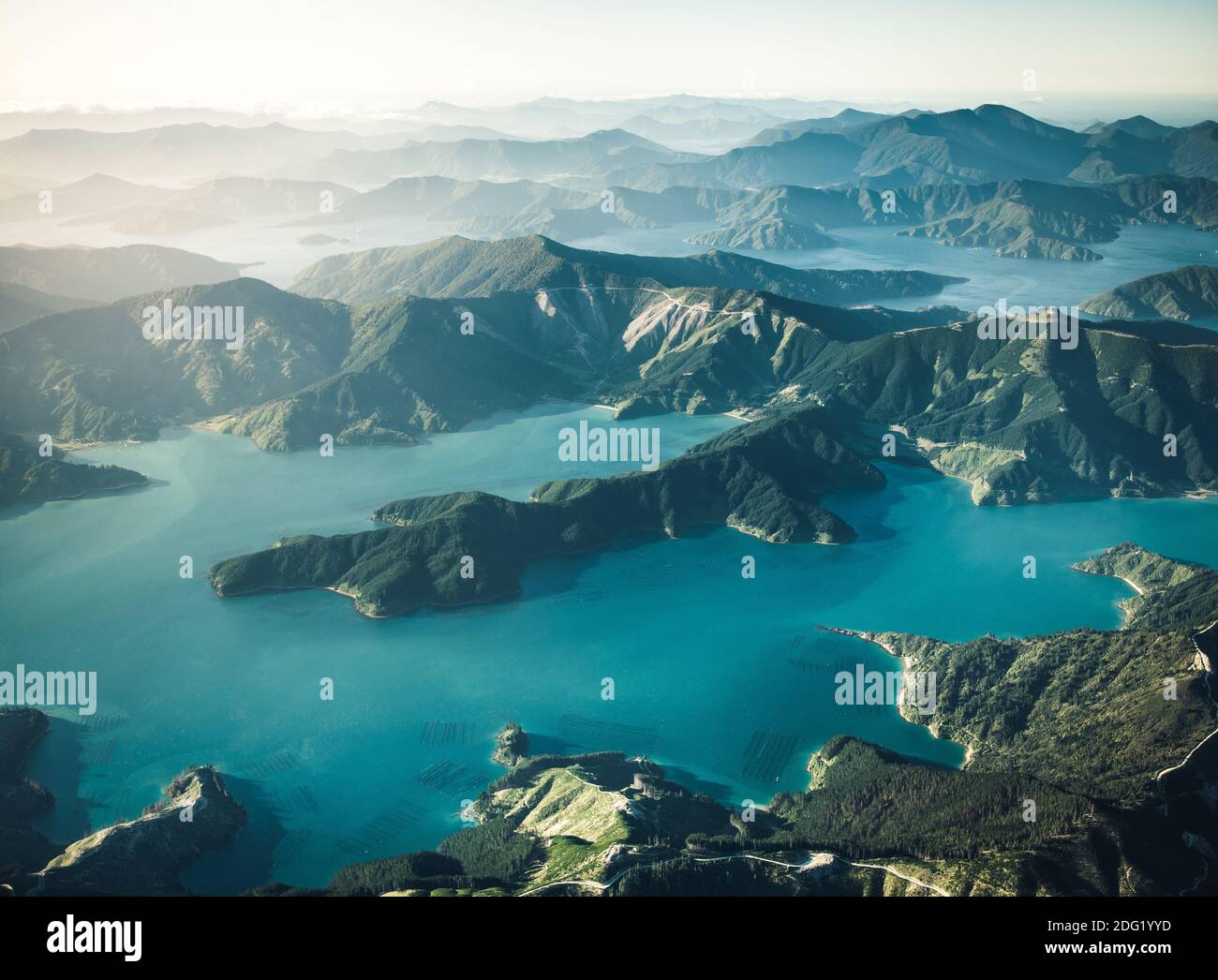 New Zealand South Island bays and mountains from the air Stock Photo ...