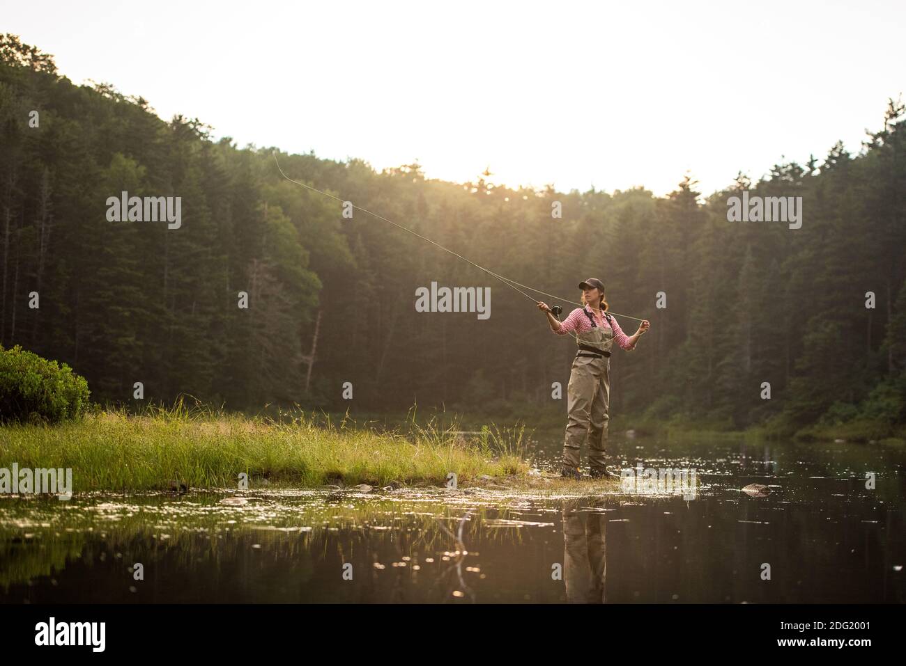 Woman angler fly-fishing in NH backcountry lake during afternoon light Stock Photo