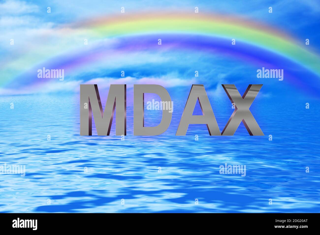 Ozean und Himmel mit Regenbogen MDax Schriftzug, Copy Space Stock Photo