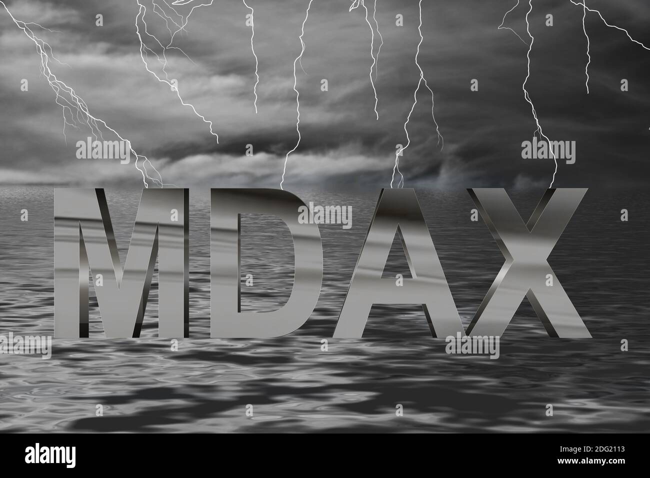 Börse Ozean Gewitter mit Blitzen und Schriftzug MDAX in Chrom Stock Photo