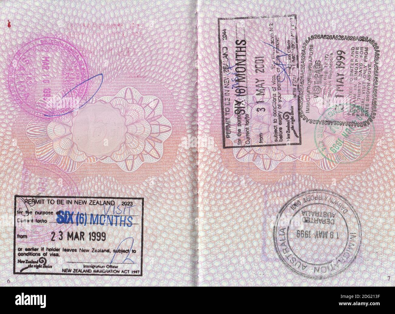UK passport pages with New Zealand, Australia, Peru and Singapore stamps (see additional info for full details) Stock Photo