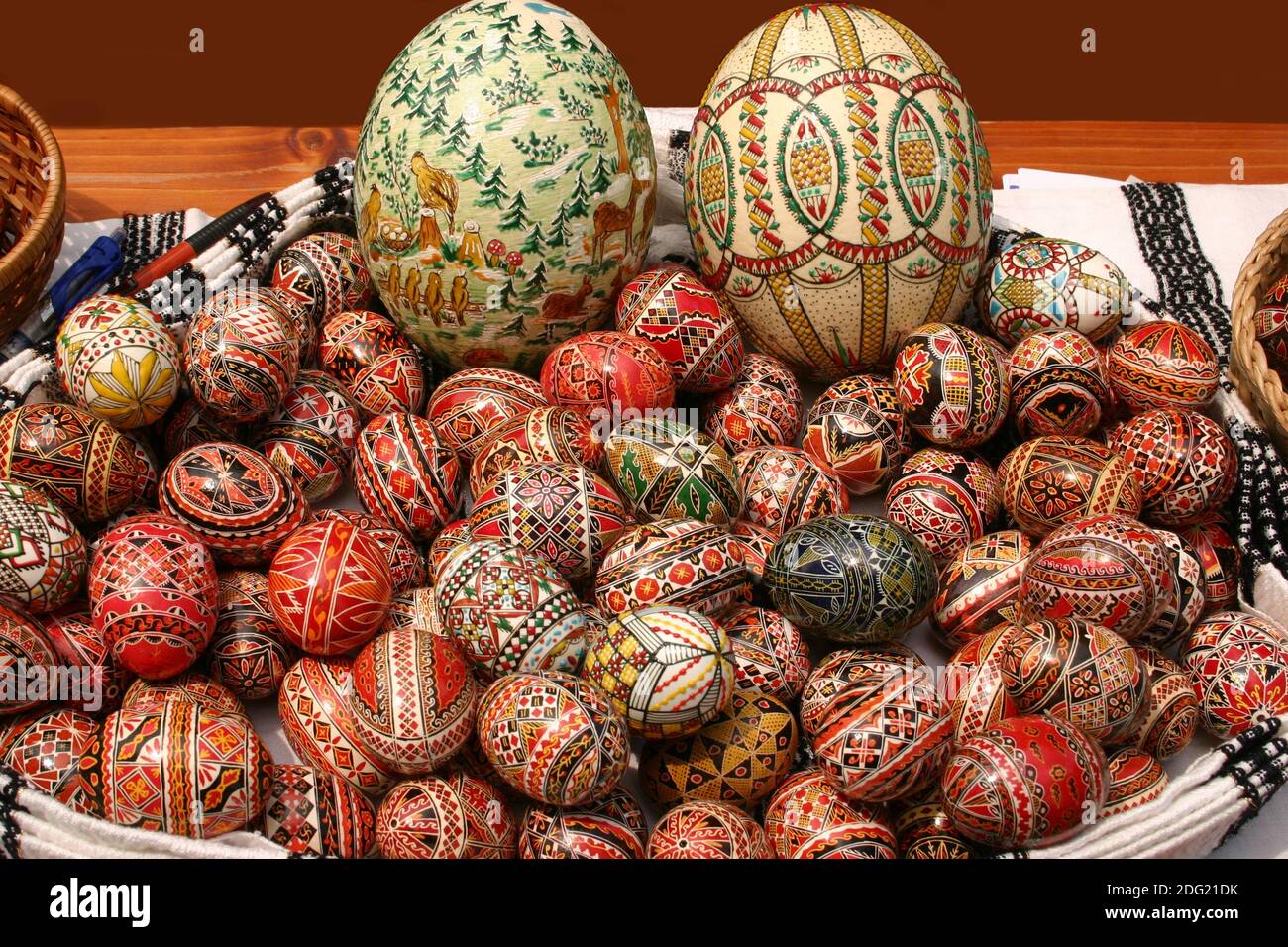 Traditionally ornate Easter eggs in Romania, using the encaustic (wax embossing) technique Stock Photo
