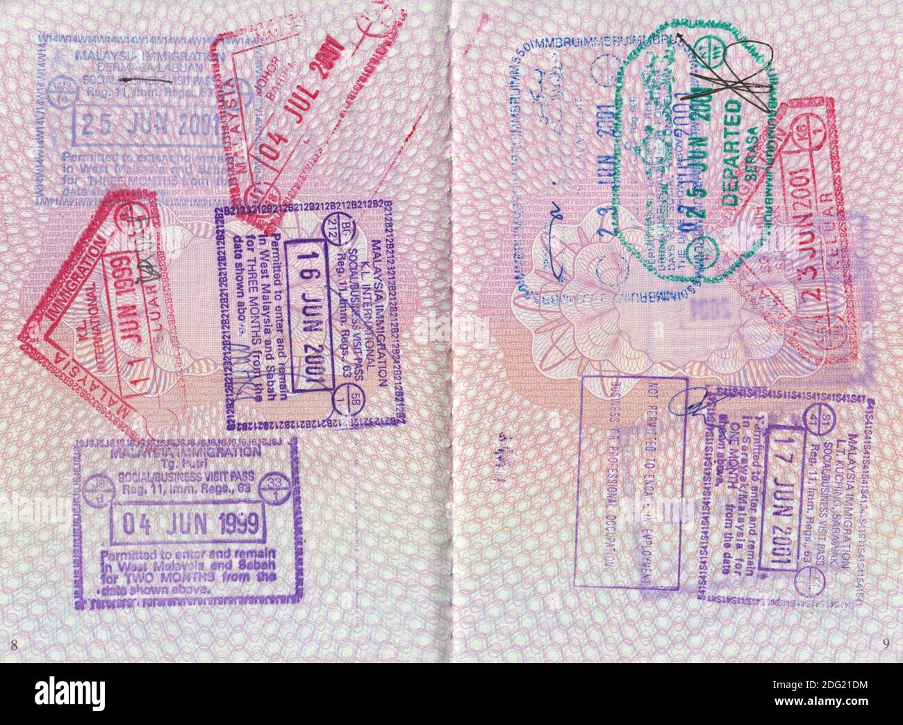 UK passport pages with Malaysia and Brunei entry/exit stamps (see additional info for full details) Stock Photo