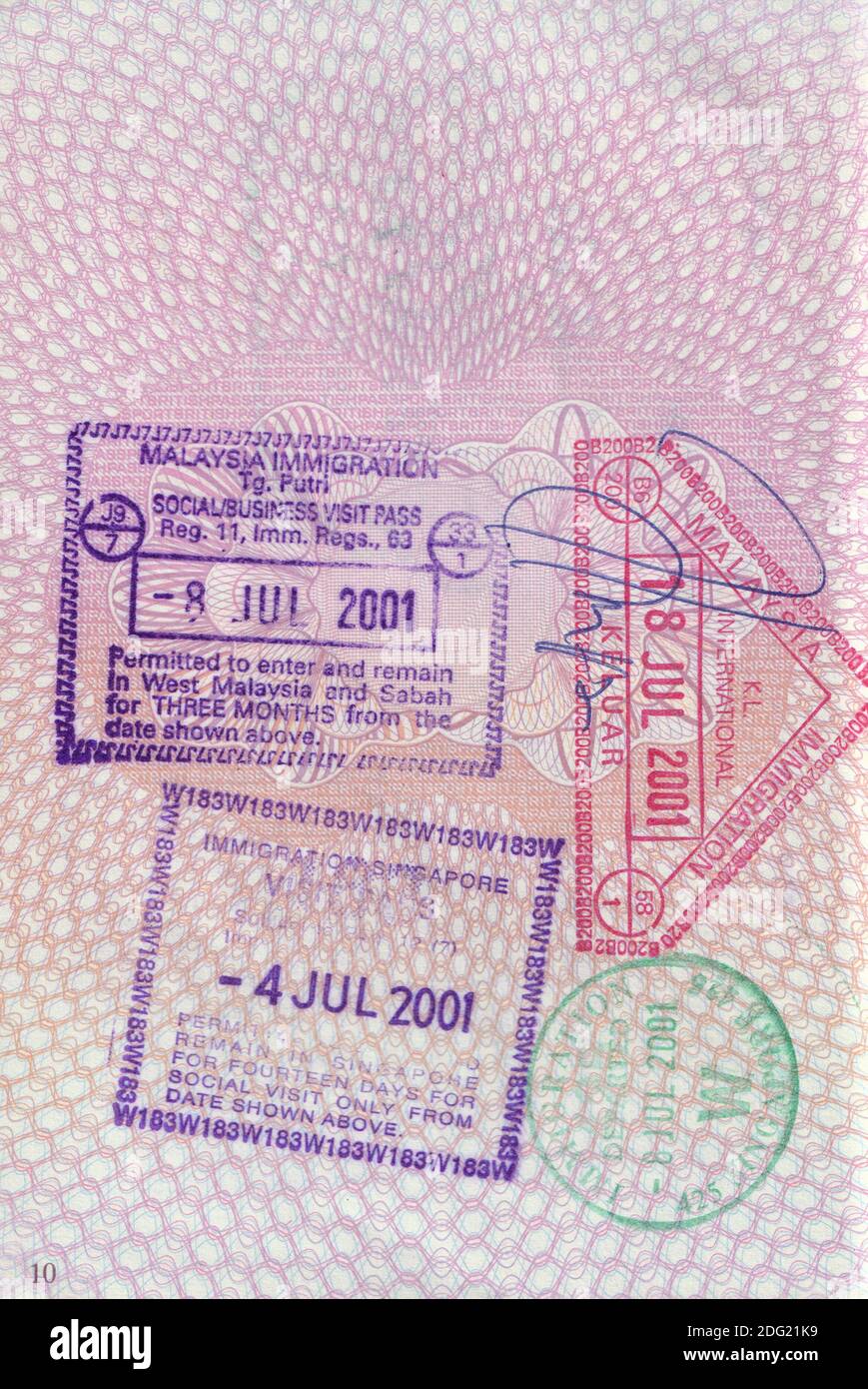 UK passport page with Malaysia entry (Tanjung Puteri) and exit (Kuala Lumpur airport), and Singapore entry and exit stamps from 2001 Stock Photo