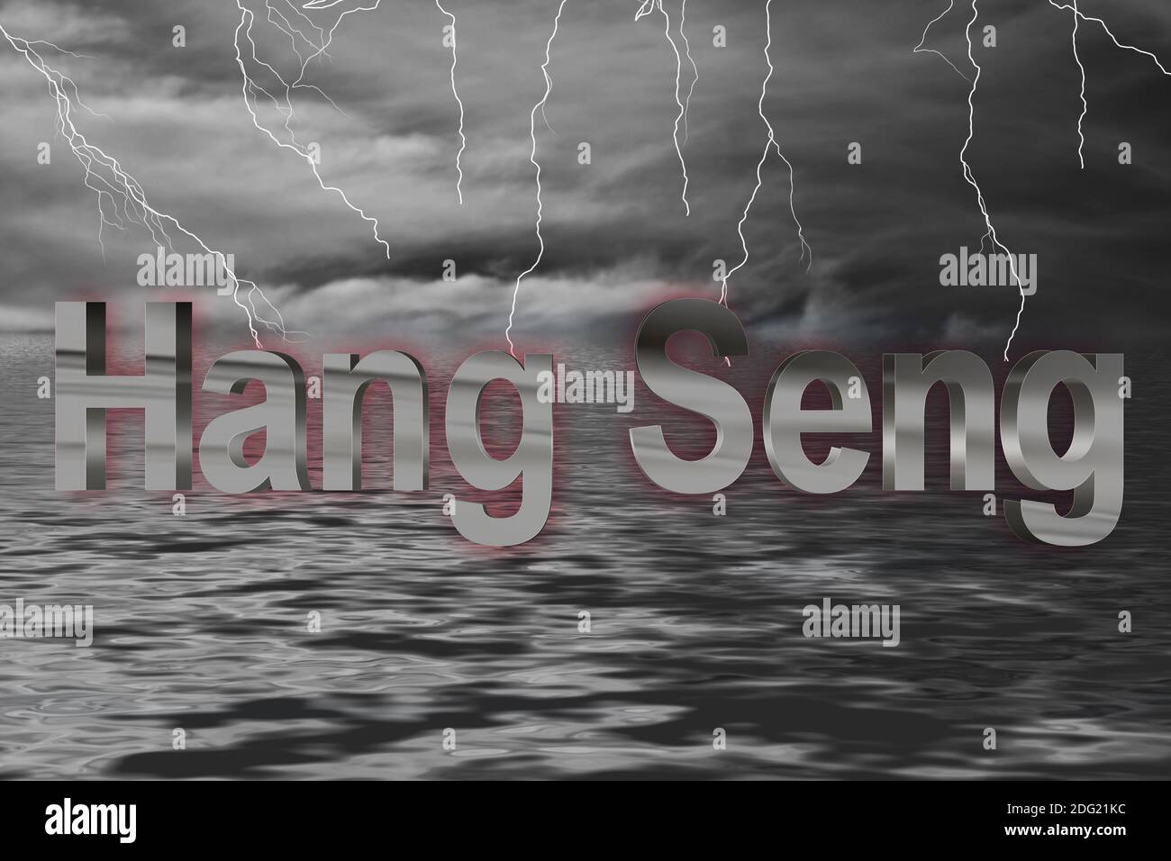 Börse Ozean Gewitter mit Blitzen und Schriftzug Hang Seng in Chrom Stock Photo
