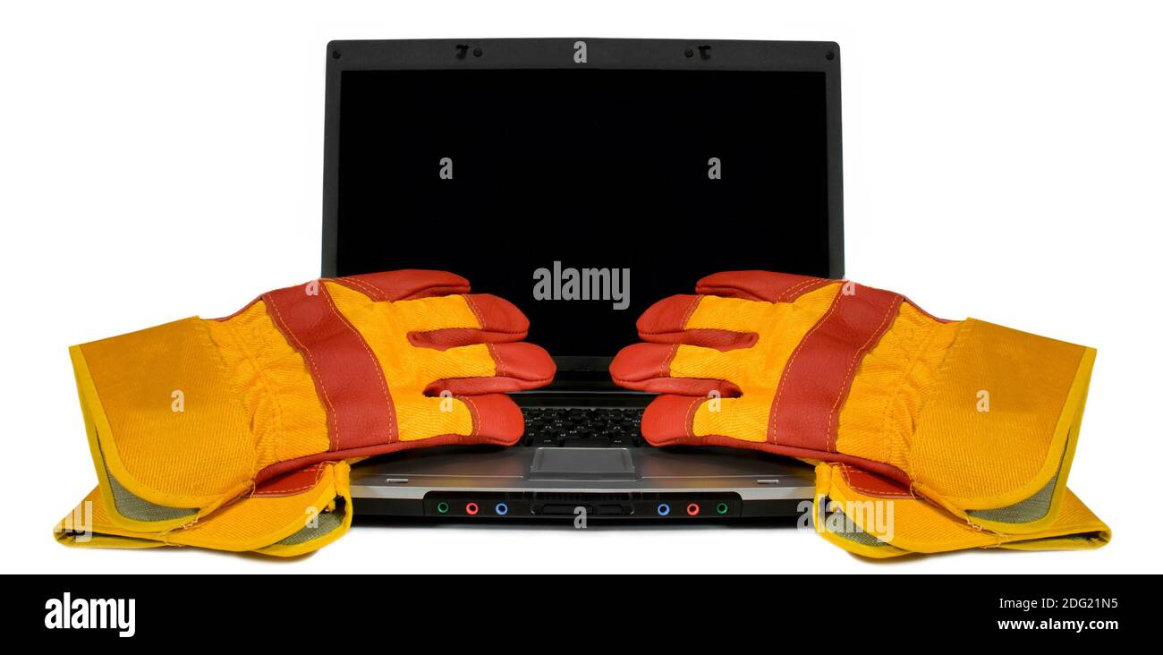 Protective gloves on a laptop isolated. Empty black desktop for your ...