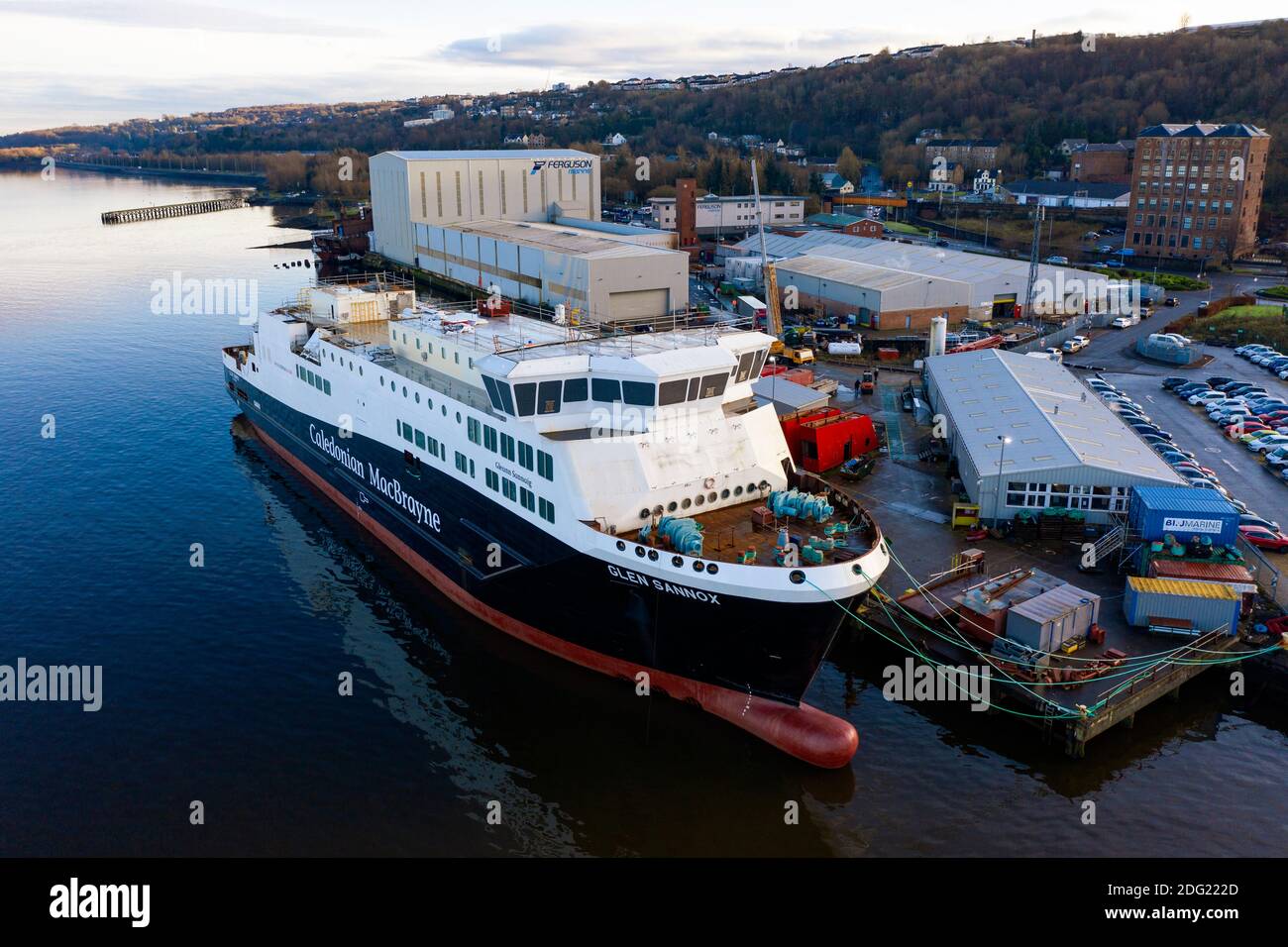 Port Glasgow, Scotland, UK. 7 December 2020. Aerial view of CalMac