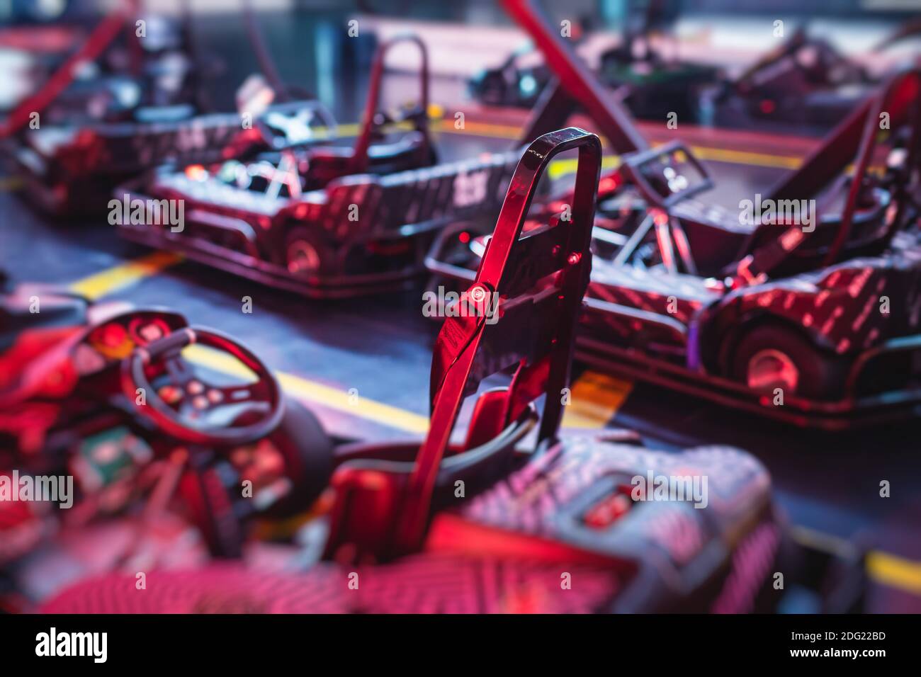 View of indoor electric karting racetrack, kart competition, gocart