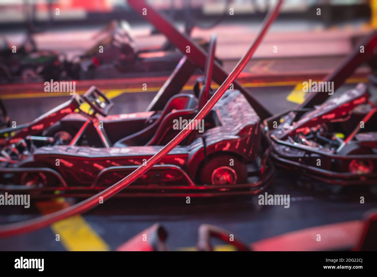 View of indoor electric karting racetrack, kart competition, gocart