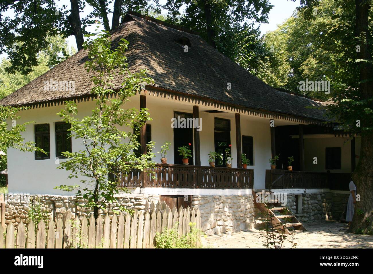 The Village Museum, Bucharest, Romania. Traditional house with wooden porch from Arges County. Stock Photo