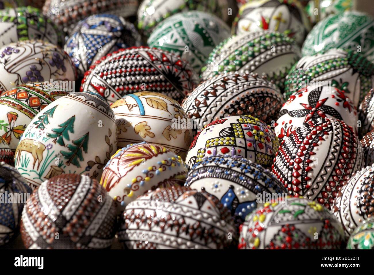 Traditionally ornate Easter eggs in Romania, using the encaustic (wax embossing) technique Stock Photo