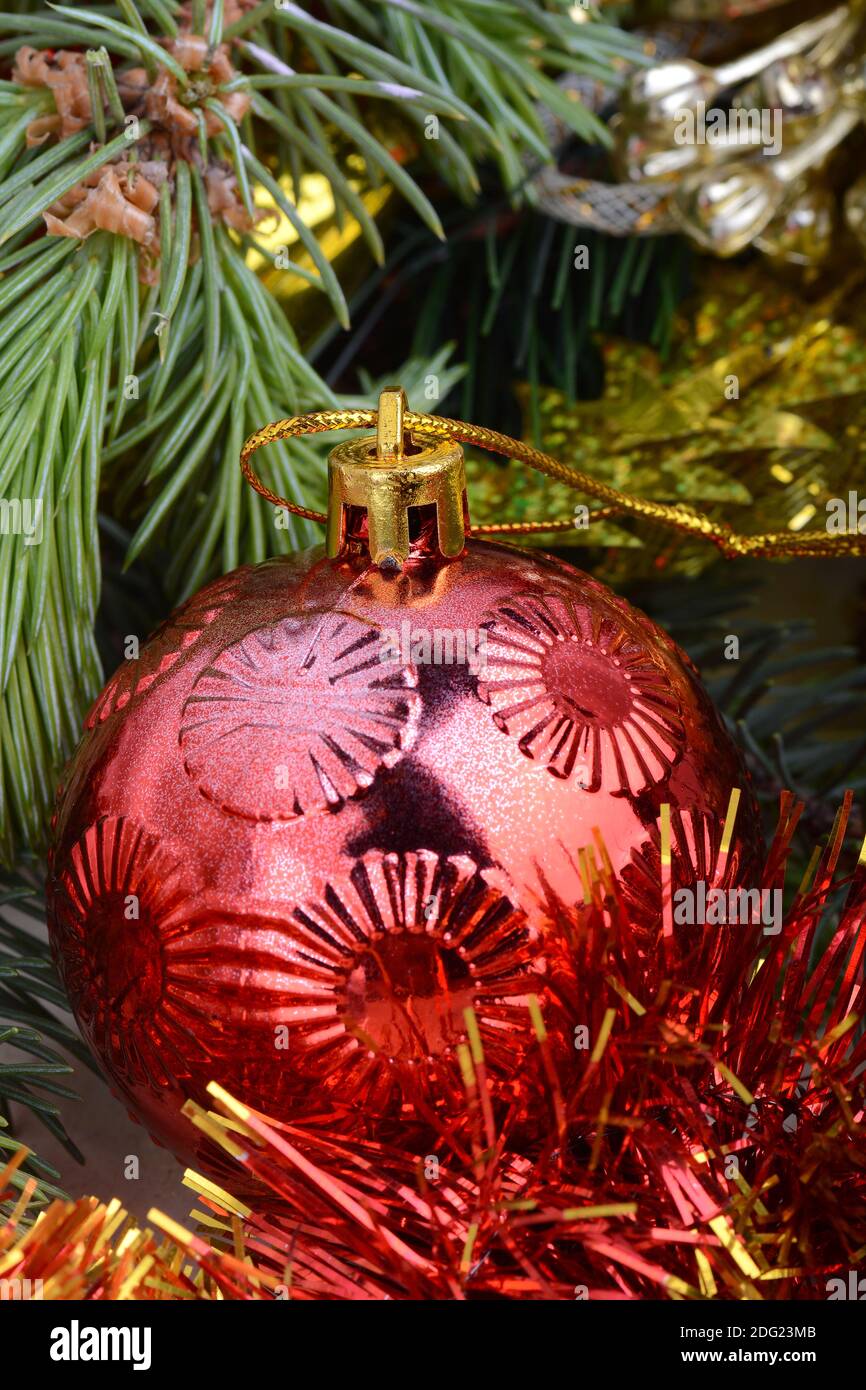 Christmas frame, greeting card. New year balls, gifts or present box and holiday decoration. Happy New Year composition. Stock Photo