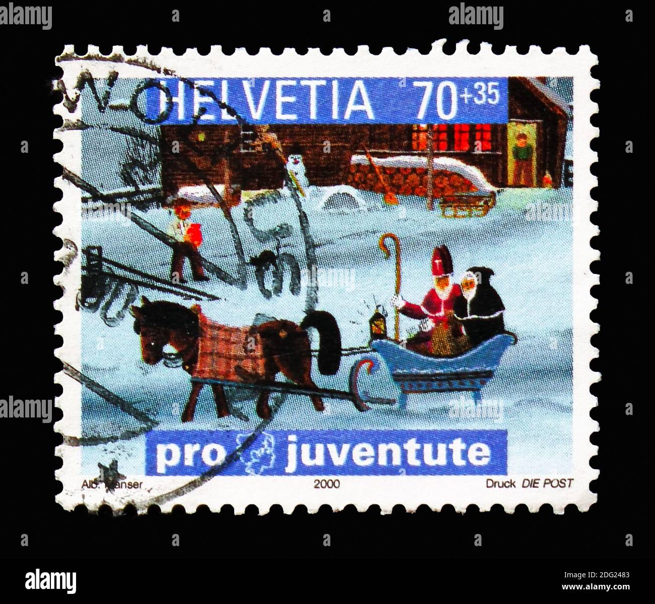 MOSCOW, RUSSIA - AUGUST 18, 2018: A stamp printed in Switzerland shows Holy Nicolas with his aid Schmutzli in a sledge, Pro Juventute: Children's Book Stock Photo