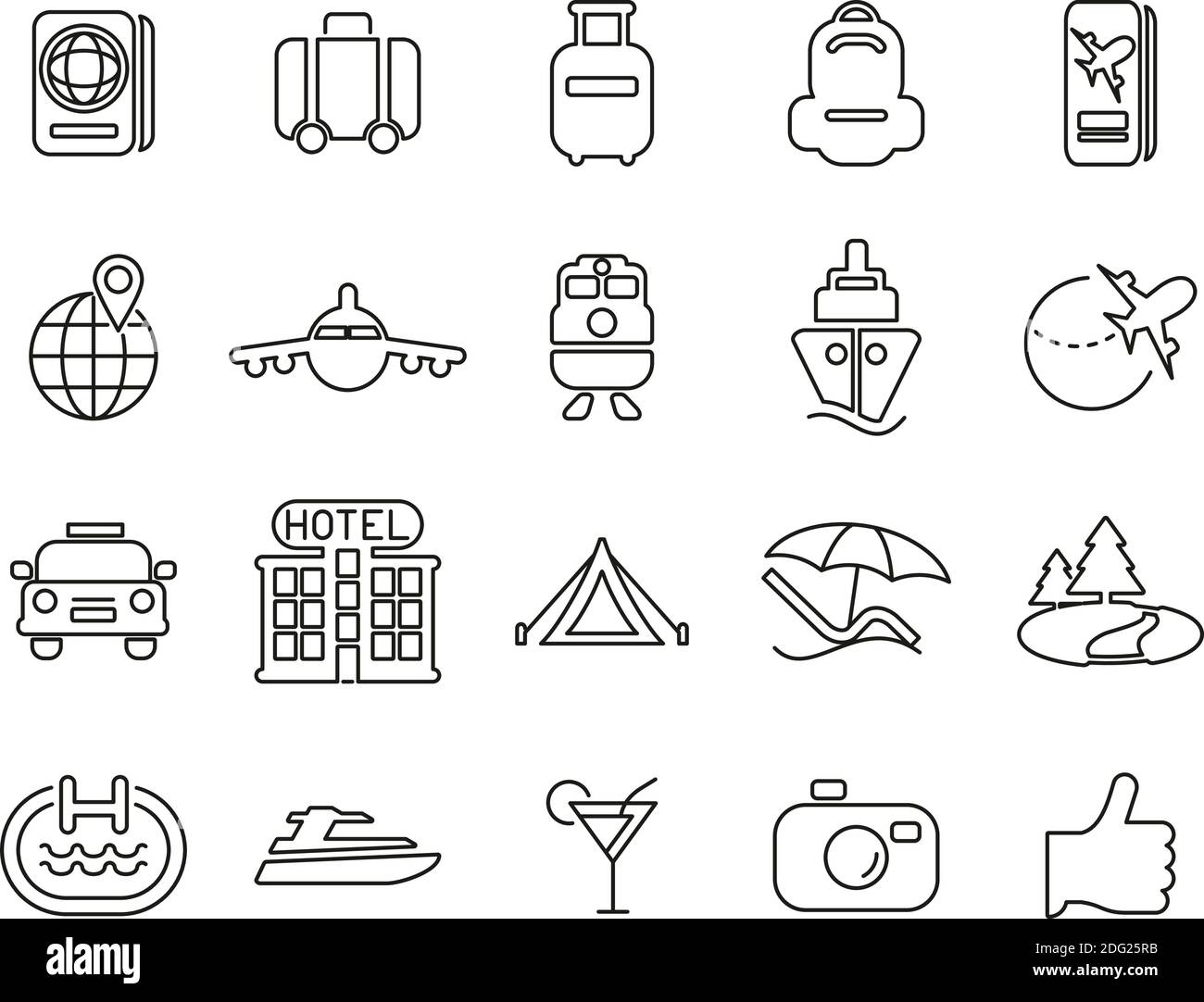 Travel Or Vacation Icons Black & White Thin Line Set Big Stock Vector ...