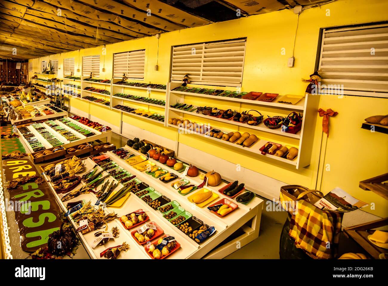 Farmers market shelves with fruit and vegetables Stock Photo