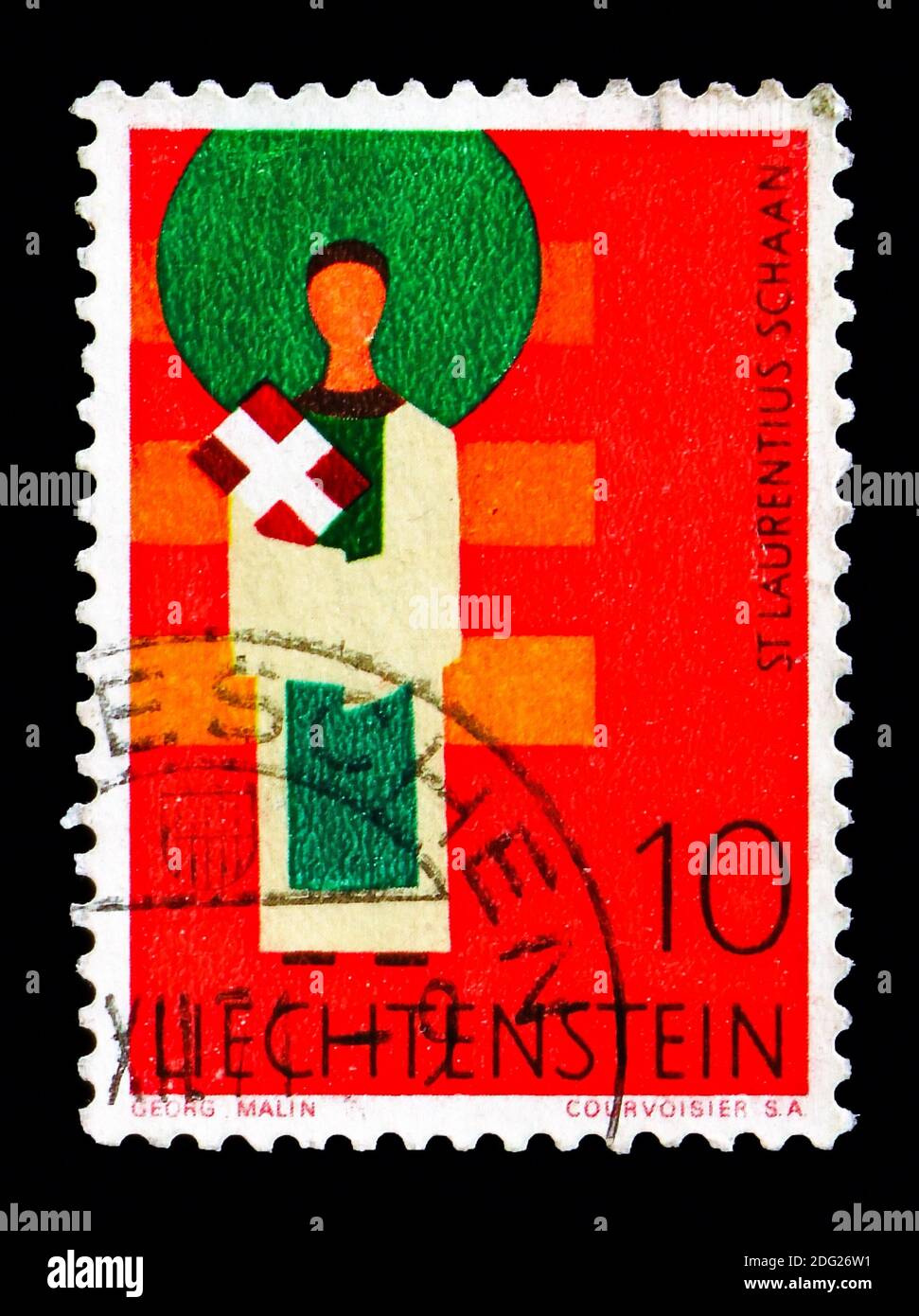 MOSCOW, RUSSIA - AUGUST 18, 2018: A stamp printed in Liechtenstein shows St. Laurentius, Schaan, serie, circa 1968 Stock Photo