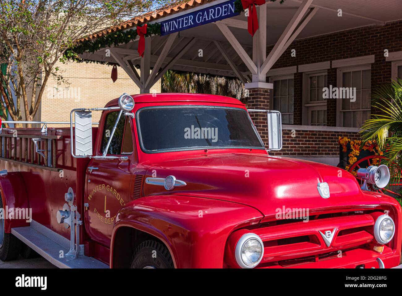 Vintage red Winter Garden fire truck at the Winter Garden Heritage Foundation Museum in historic downtown Winter Garden, Florida. (USA) Stock Photo