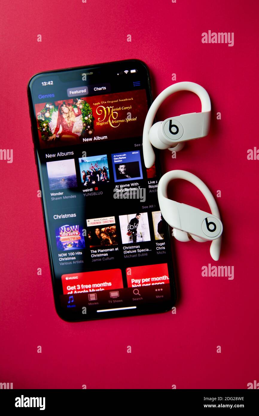 iPhone 11 and Powerbeats Pro earphones Stock Photo Alamy