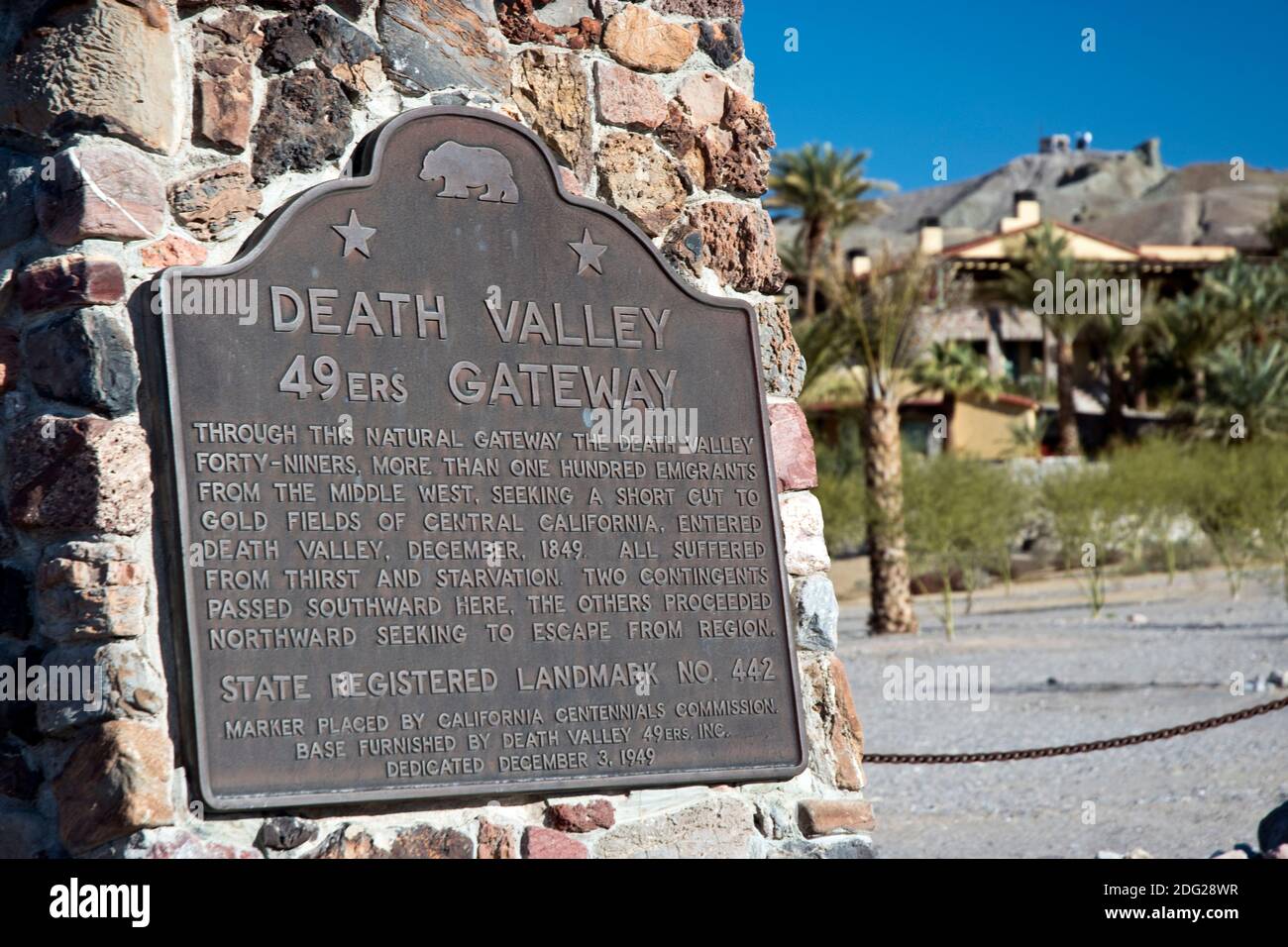 A monument to Death Valley '49ers, immigrants who passed through in 1849, next to the Inn at Death Valley, California. Stock Photo