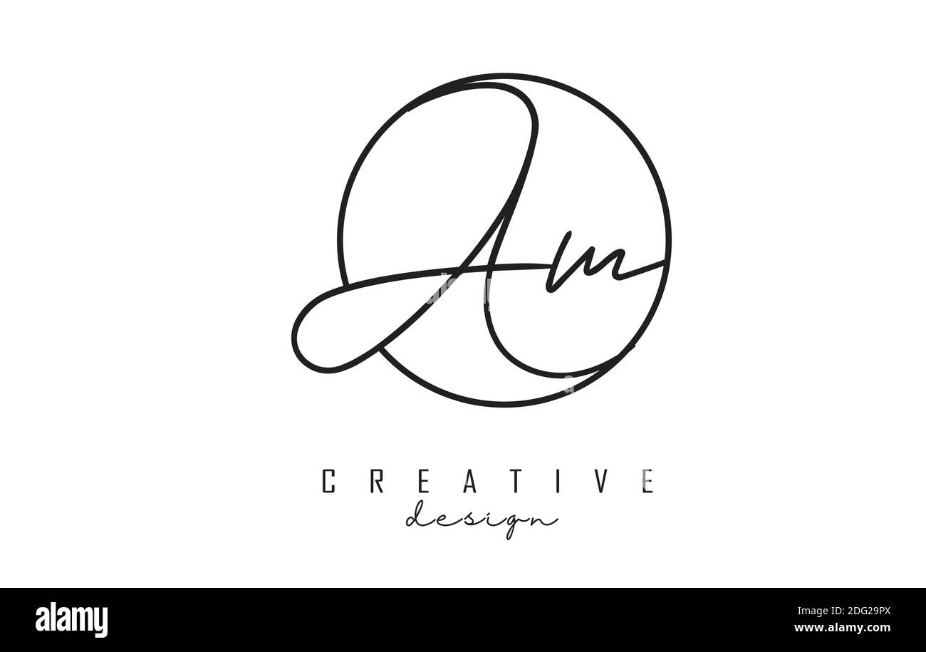 Handwritten letters AM A M logo design with simple circle vector